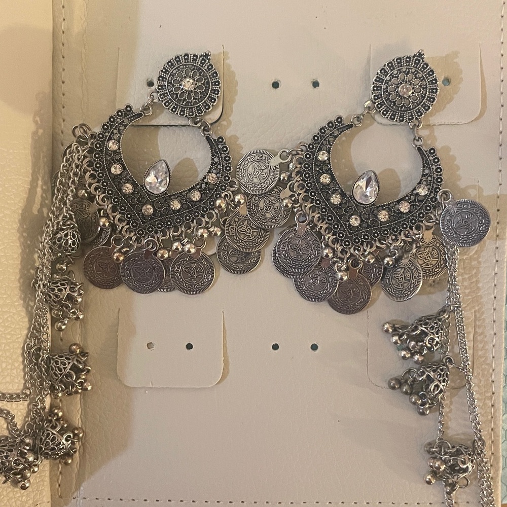 Oxidized Silver Statement Earrings With Coin Char… - image 1